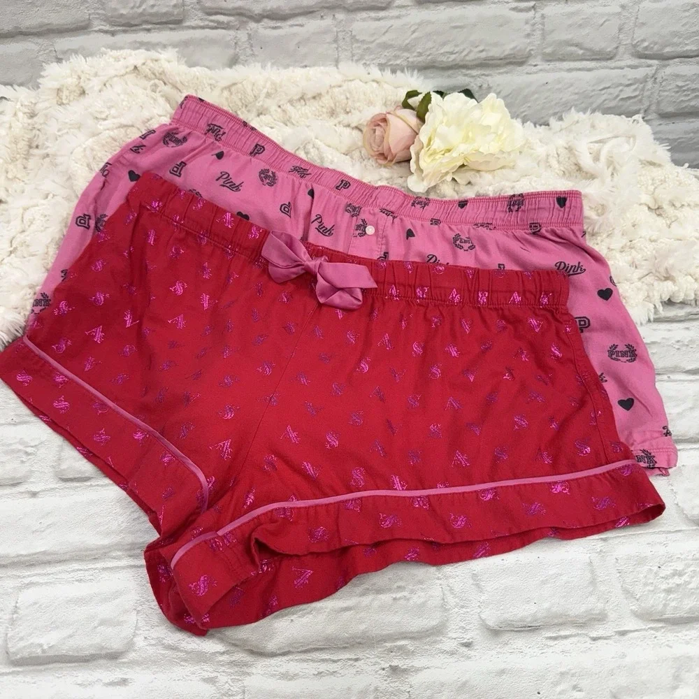 PINK Victoria's Secret Flannel Pajama Lounge Shorts Red Pink All Over Print Logo